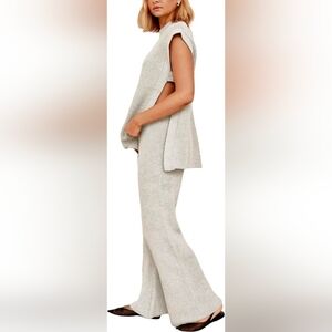 NWOT 2 Piece Knit Sleeveless Open Side Sweater Set Wide Leg Pants In Grey Size S